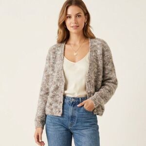 Lise J Mohair VTG Mohair-Blend Marled Oatmeal Knit Grannycore Cardigan Sweater L